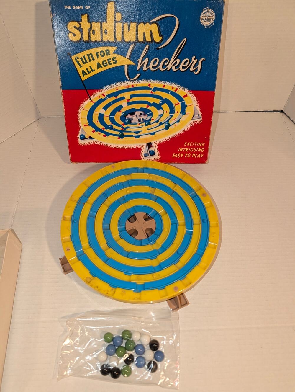 Vintage STADIUM CHECKERS Board Game by Schaper 1952 Complete 20 Marbles